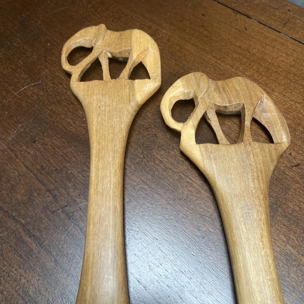 AFRICAN HAND CARVED KENYAN OLIVE WOOD ELEPHANT SALAD SERVERS 2PC SET 12